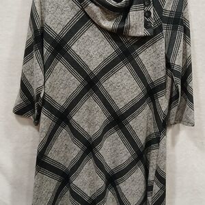 52seven Women's M Grey/Black Plaid Sweater Dress Cowl Neck 3/4 sleeve 60s 70s